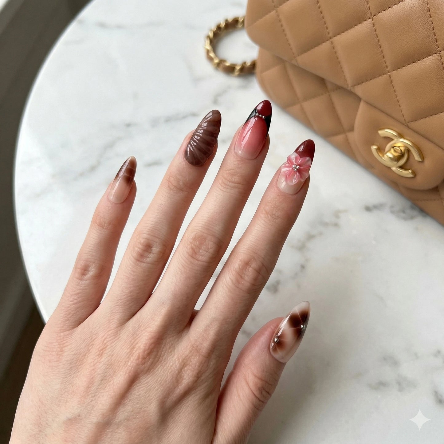 Mocha Petal – Coffee 3D Floral Press-On Nails