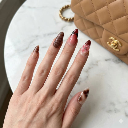 Mocha Petal – Coffee 3D Floral Press-On Nails