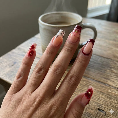 Burgundy Whisper – Wine Floral Press-On Nails