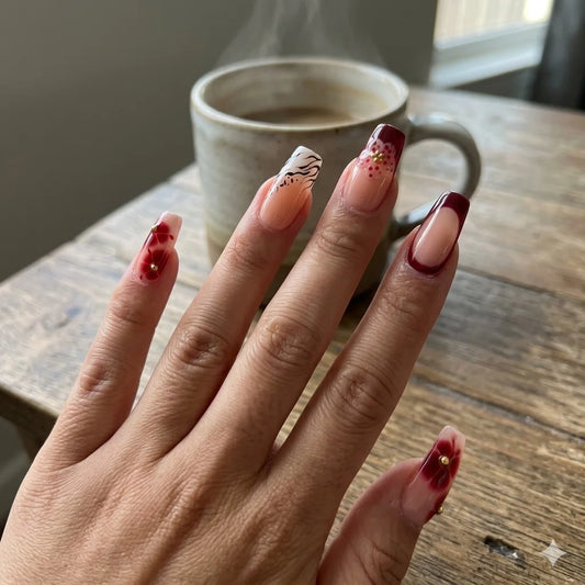 Burgundy Whisper – Wine Floral Press-On Nails