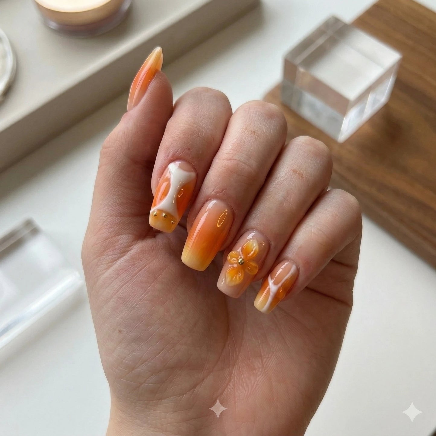 Citrus Bloom – Soft Feminine Tangerine Floral Cofffin Press-On Nails