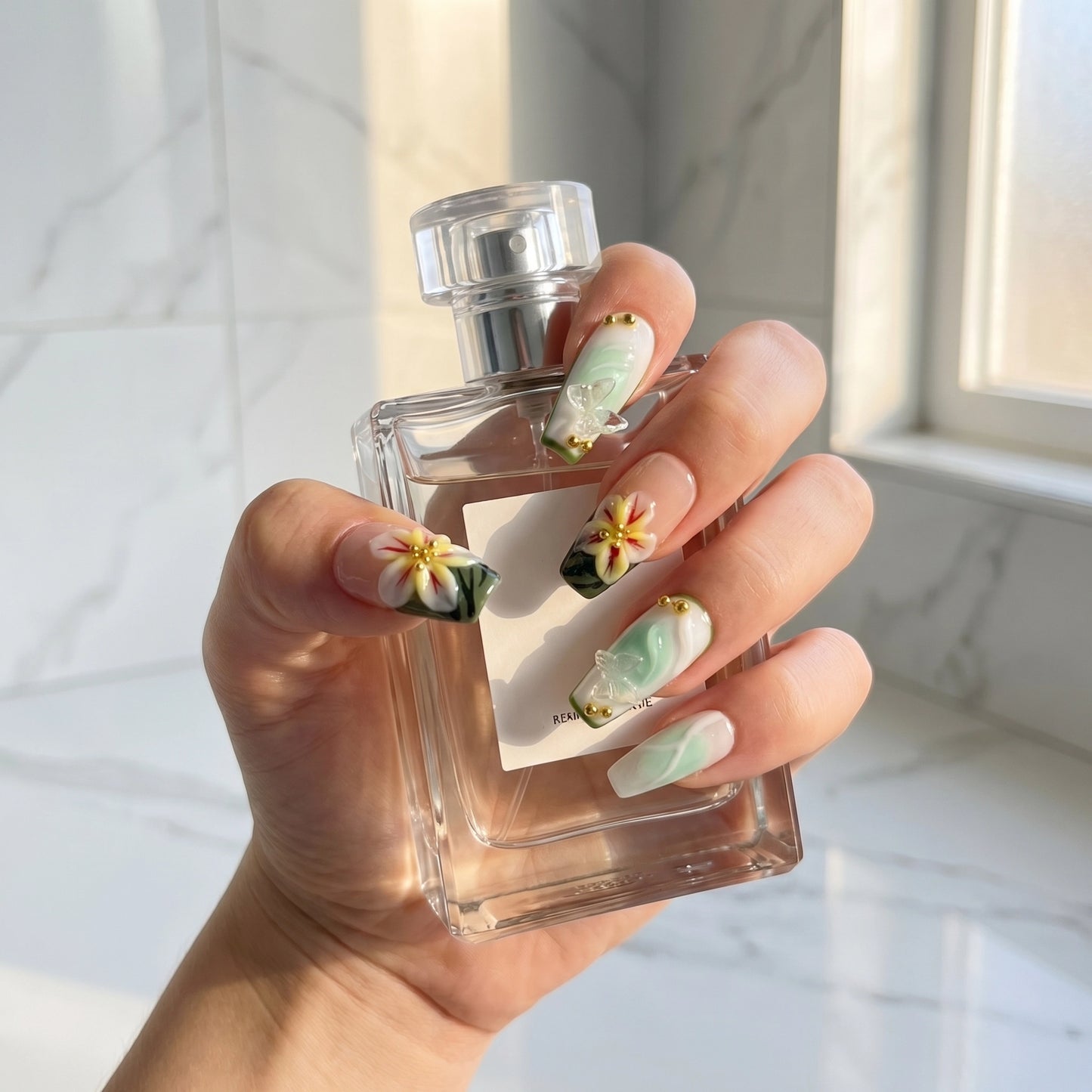 Mint Reverie – Soft Feminine Mint Floral Coffin Press-On Nails