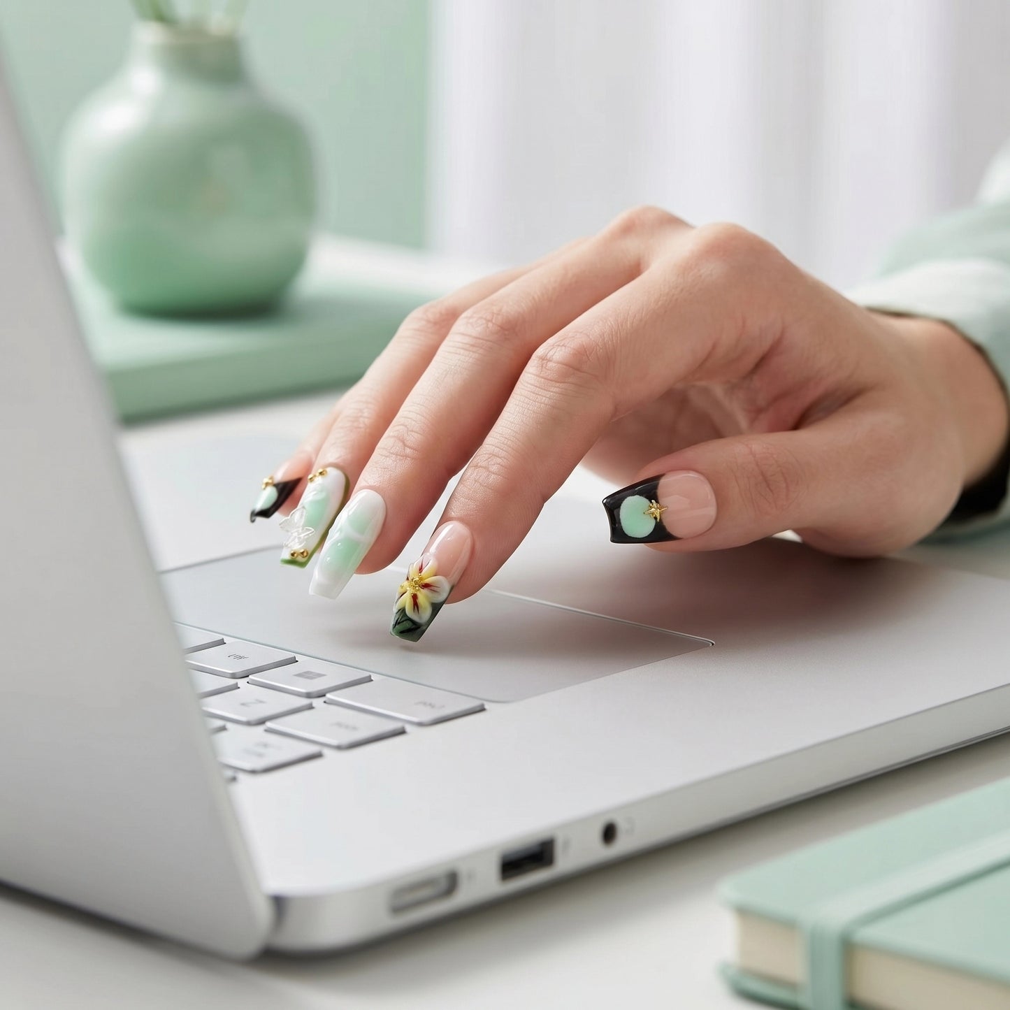 Mint Reverie – Soft Feminine Mint Floral Coffin Press-On Nails