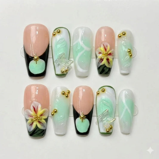 Mint Reverie – Mint Garden 3D Floral Press-On Nails