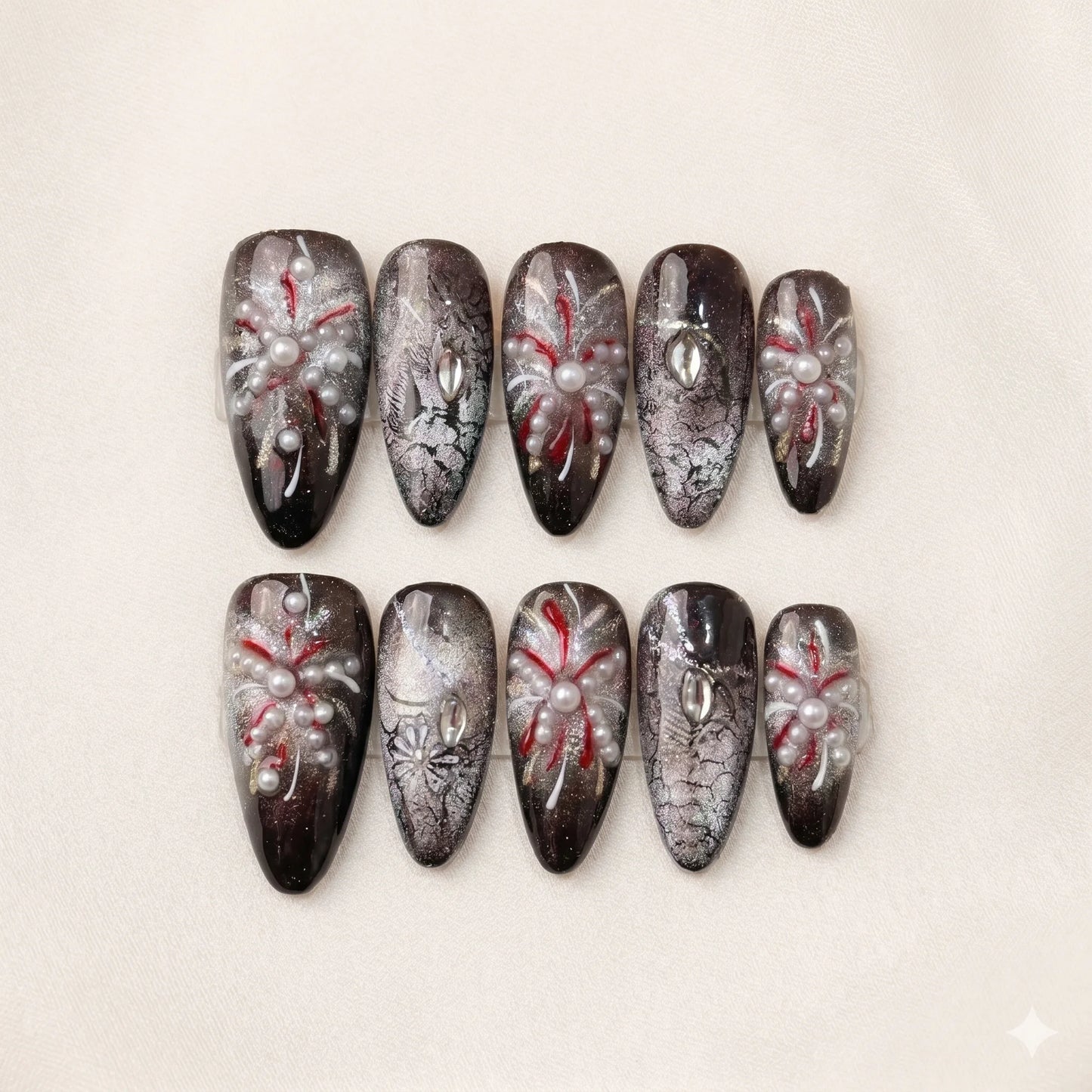 Phantom Bloom – Dark Feminine Pearl Almond Press-On Nails
