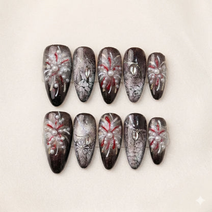 Phantom Bloom – Dark Feminine Pearl Almond Press-On Nails