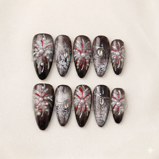 Phantom Bloom – Dark Romance Pearl Almond Press-On Nails