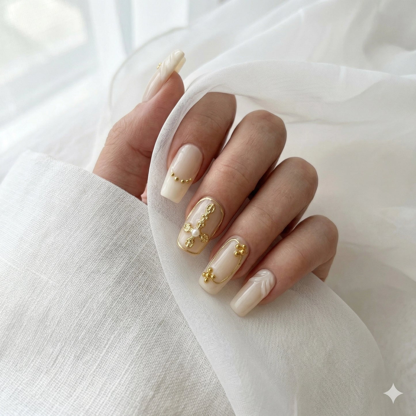 Barockes Gelübde – Elfenbein-Gold Kreuz Press-On Nägel