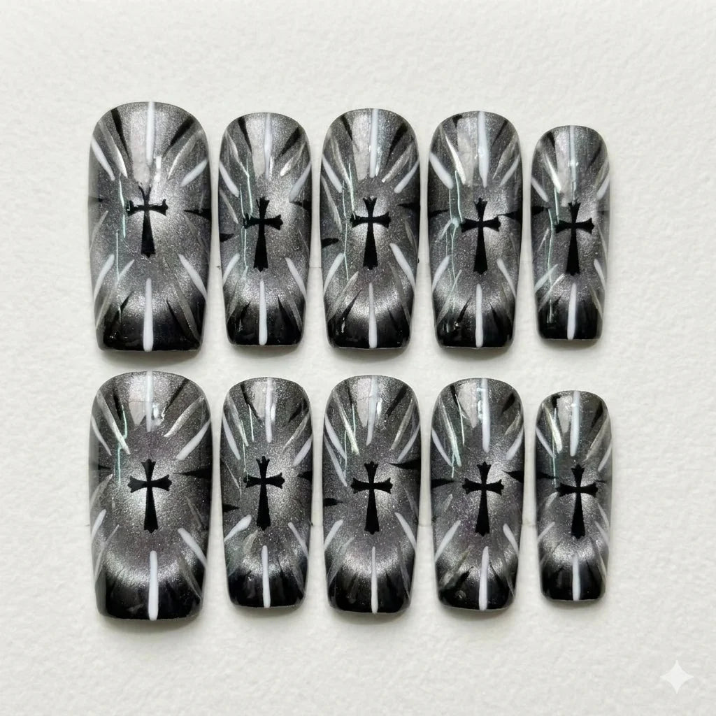Sacred Eclipse – Gothic Cross Cat Eye Press-On Nails