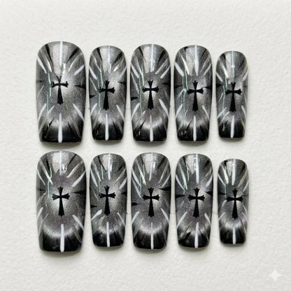 Sacred Eclipse – Gothic Cross Cat Eye Press-On Nails