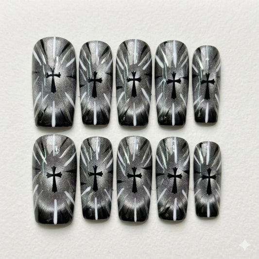 Sacred Eclipse – Gothic Cross Cat Eye Press-On Nails