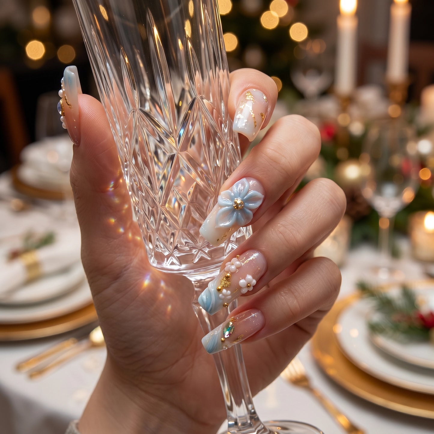 Cinderella Tide – Blue Floral Bridal Press-On Nails