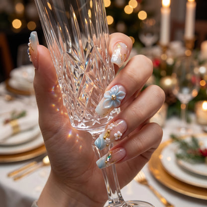 Cinderella Tide – Blue Floral Bridal Press-On Nails