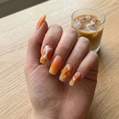 Citrus Bloom – Soft Feminine Tangerine Floral Cofffin Press-On Nails