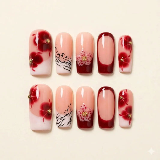 Burgundy Whisper – Wine Floral Press-On Nails