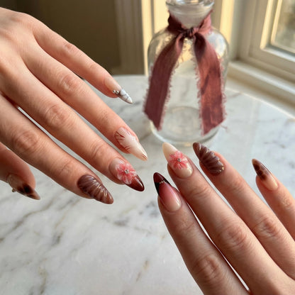 Mocha Petal – Coffee 3D Floral Press-On Nails