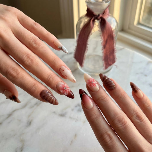 Mocha Petal – Coffee 3D Floral Press-On Nails