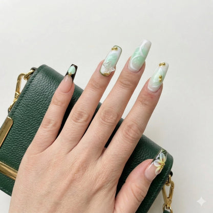 Mint Reverie – Soft Feminine Mint Floral Coffin Press-On Nails