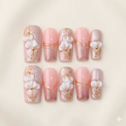 Lily Vow – Weiche 3D Blumen-Press-On-Nägel für die Braut