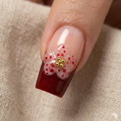 Burgundy Whisper – Wine Floral Press-On Nails