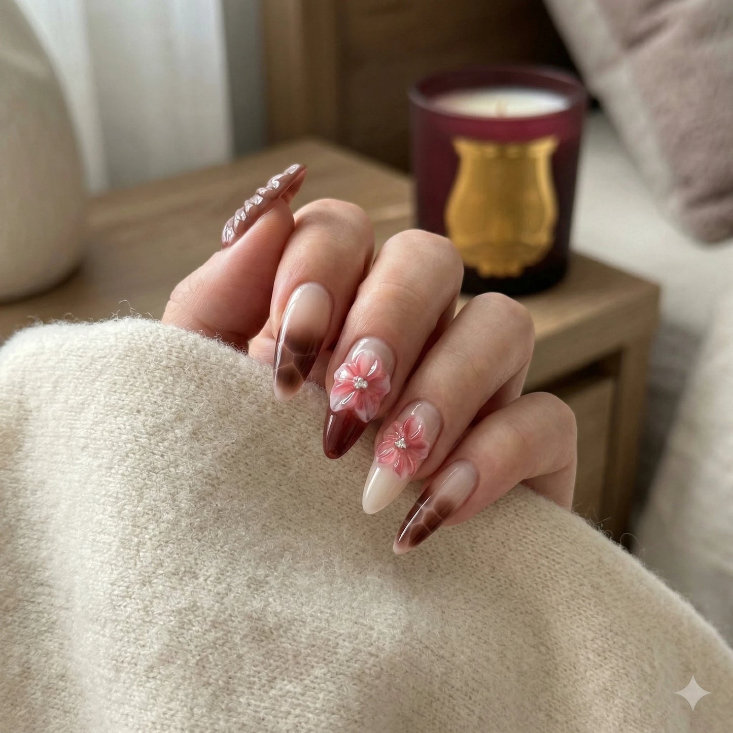 Mocha Petal – Coffee 3D Floral Press-On Nails
