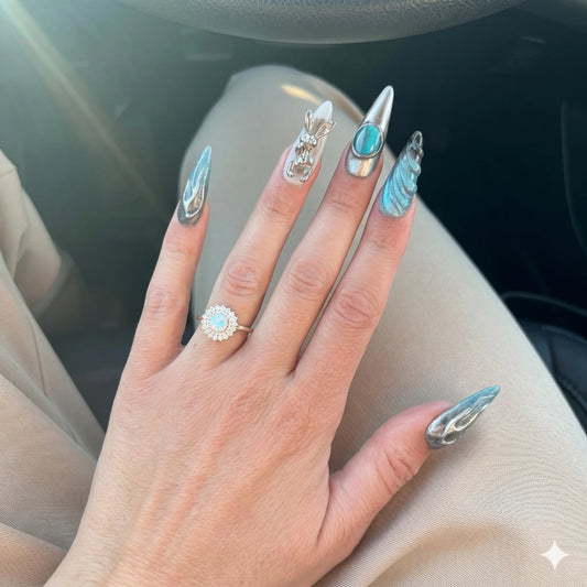 Cyber Bunny – Liquid Chrome Aqua Cat Eye Press-On Nails