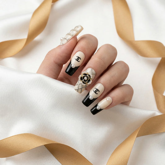 Luxe Camellia – Quiet Luxury Black White Coffin Press-On Nails