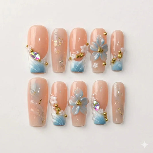 Cinderella Tide – Blue Floral Bridal Press-On Nails