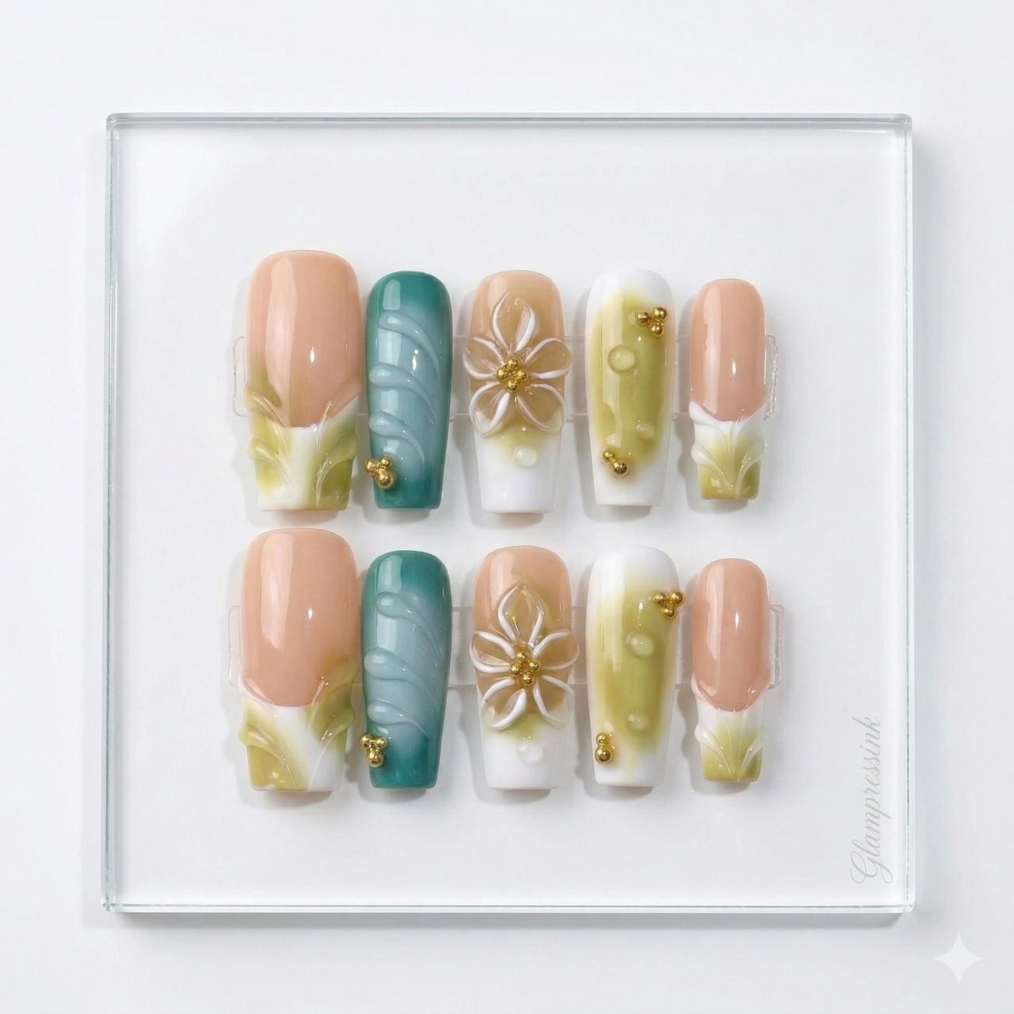 Emerald Petal – Sage Floral Press-On Nails