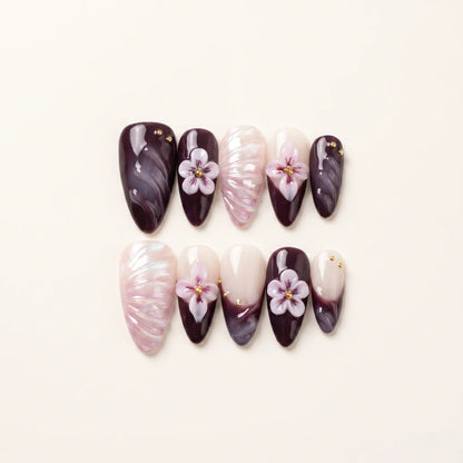 Plum Muse – Dark Feminine Plum 3D Floral Almond Press-On Nails