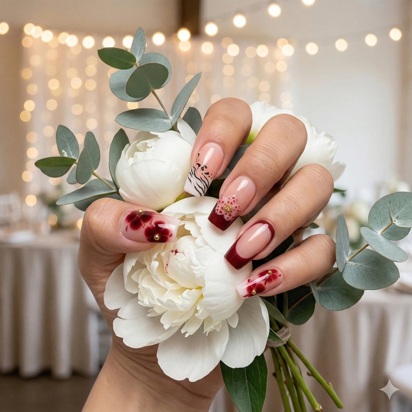 Burgundy Whisper – Wine Floral Press-On Nails