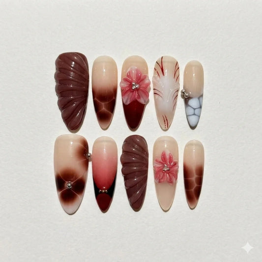 Mocha Petal – Coffee 3D Floral Press-On Nails