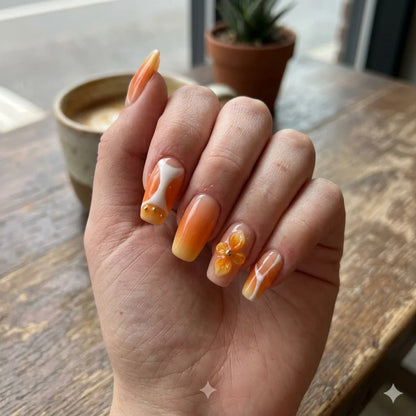 Citrus Bloom – Soft Feminine Tangerine Floral Cofffin Press-On Nails