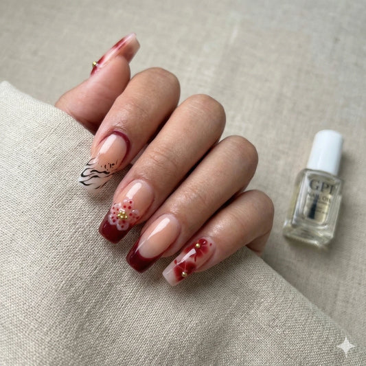 Burgundy Whisper – Date Night Wine Floral Coffin Press-On Nails