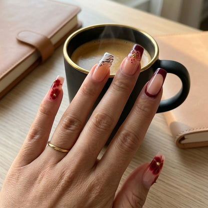 Burgundy Whisper – Wine Floral Press-On Nails