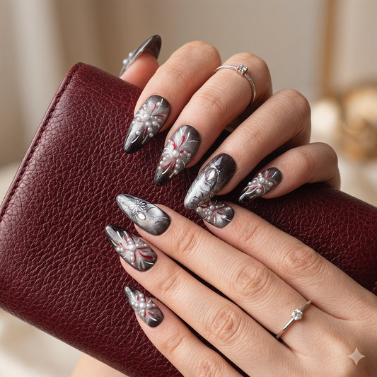 Phantom Bloom – Dark Feminine Pearl Almond Press-On Nails