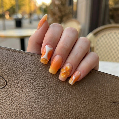 Citrus Bloom – Soft Feminine Tangerine Floral Cofffin Press-On Nails