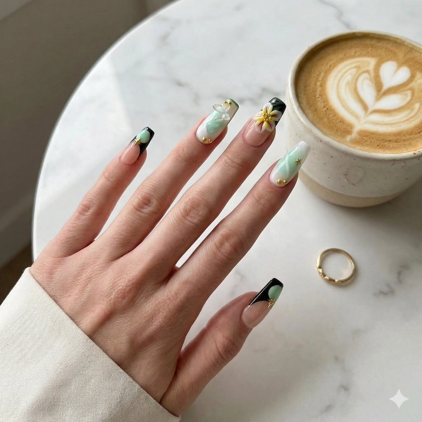 Mint Reverie – Soft Feminine Mint Floral Coffin Press-On Nails