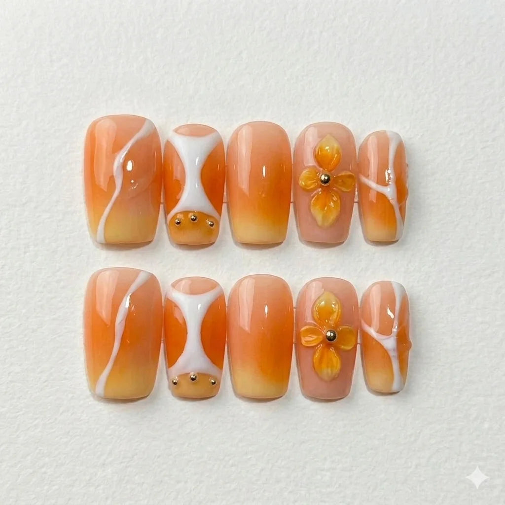 Citrus Bloom – Soft Feminine Tangerine Floral Cofffin Press-On Nails