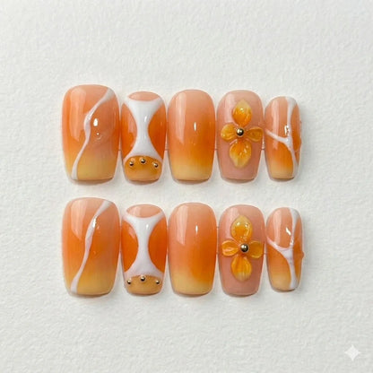 Citrus Bloom – Soft Feminine Tangerine Floral Cofffin Press-On Nails