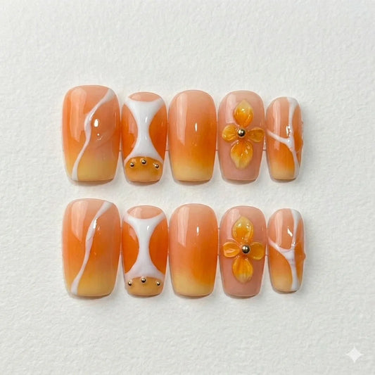 Citrus Bloom – Tangerine Floral Press-On Nails