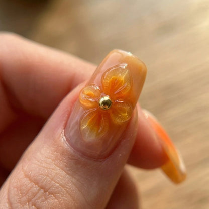 Citrus Bloom – Soft Feminine Tangerine Floral Cofffin Press-On Nails
