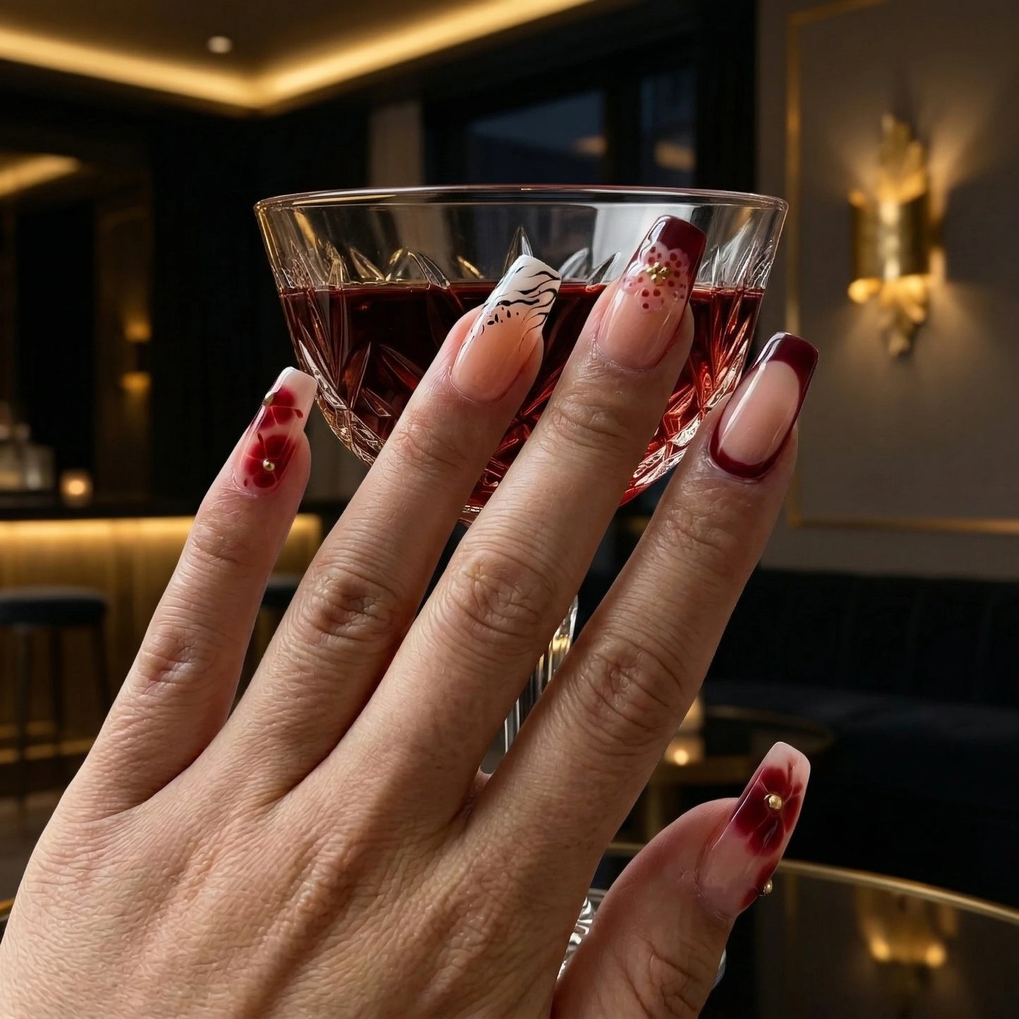 Burgundy Whisper – Wine Floral Press-On Nails