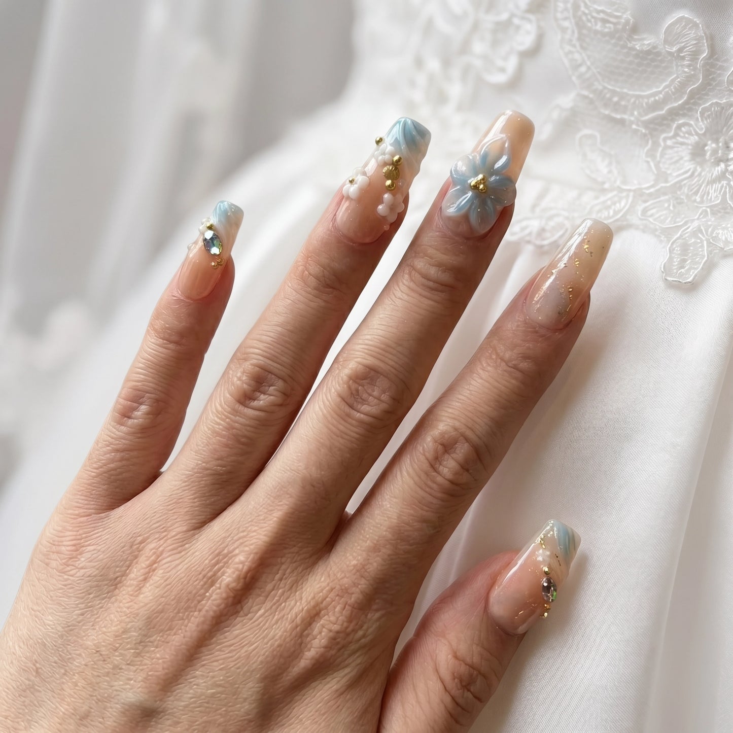 Cinderella Tide – Blue Floral Bridal Press-On Nails