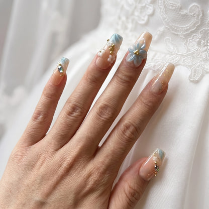 Cinderella Tide – Blue Floral Bridal Press-On Nails