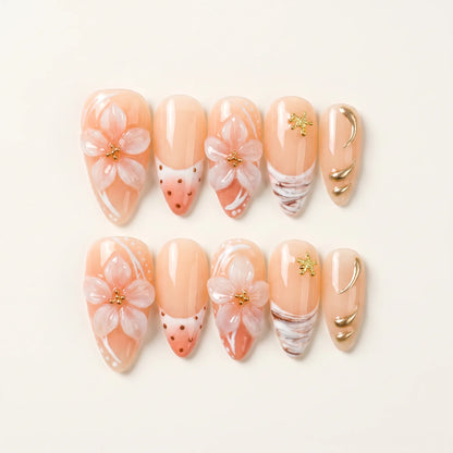 Shell Whispers – Soft Feminine Peach 3D Floral Almond Press-On Nails