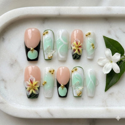Mint Reverie – Soft Feminine Mint Floral Coffin Press-On Nails