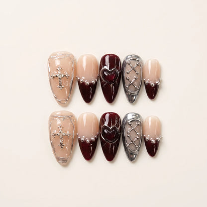Gothic Heart – Dark Feminine Silver Cross Almond Press-On Nails