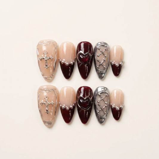 Gothic Heart – Dark Feminine Silver Cross Almond Press-On Nails