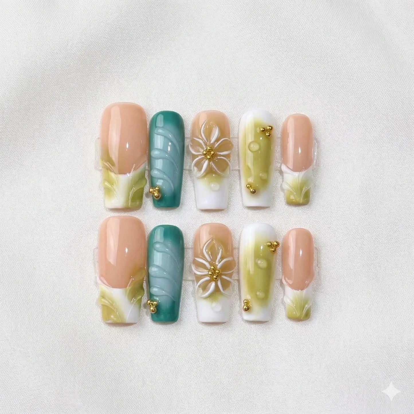 Emerald Petal – Sage Floral Press-On Nails